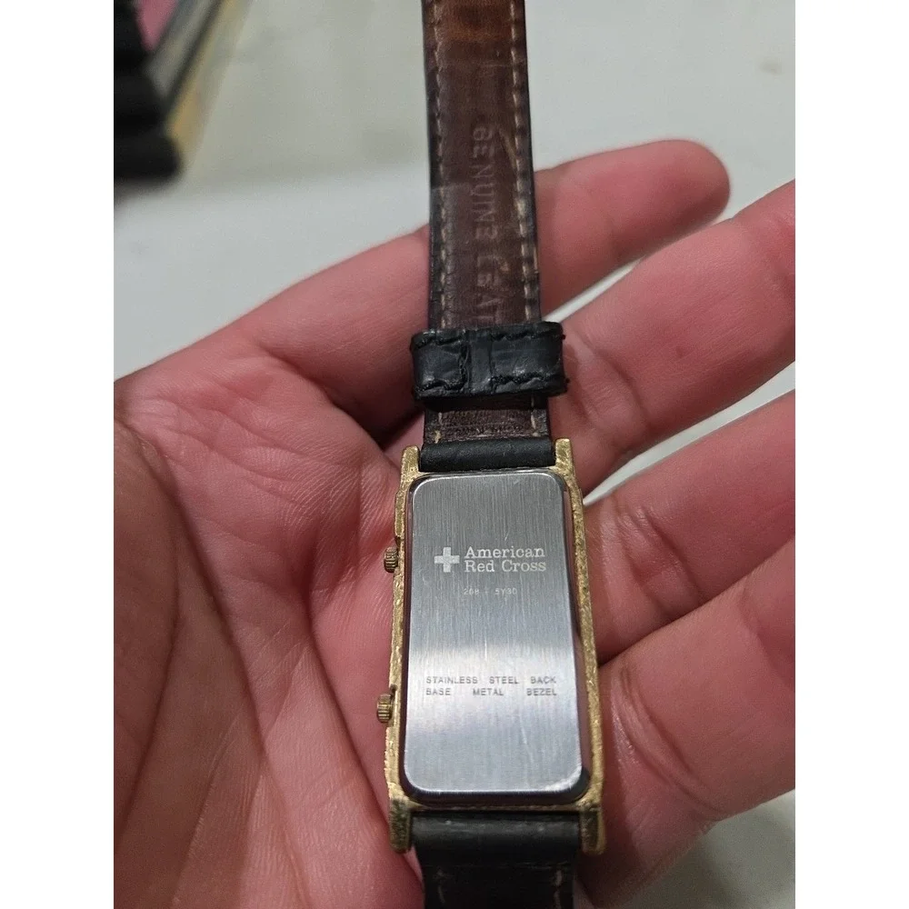 American Red Cross Dual Time Watch Black Leather Band Gold Case Japan Mens